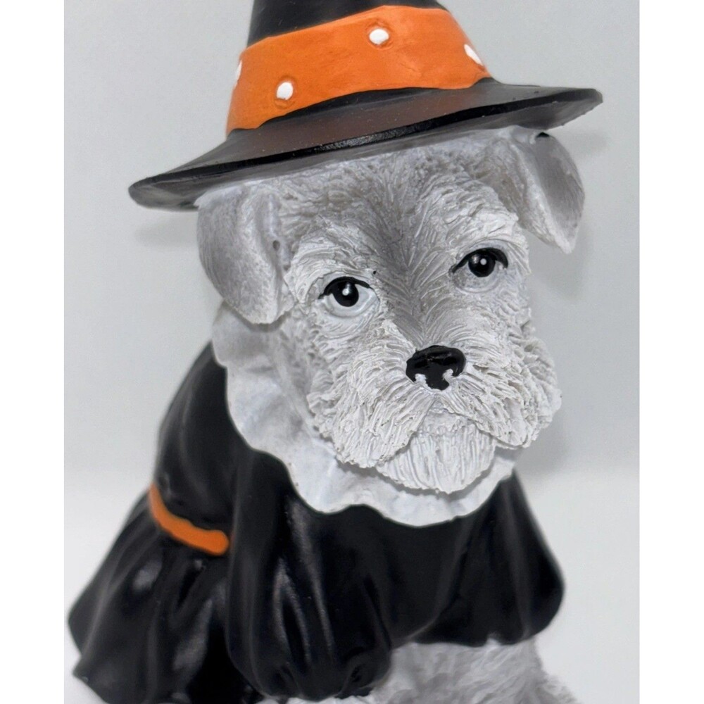 Mini White Gray Terrier Dog Figurine Wearing Witch Hat Dress 5” Resin Halloween